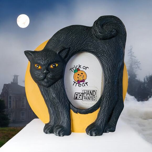 Vintage FIGI Arched Spooky Black Cat & Yellow Moon Halloween Mini Picture Frame - Picture 1 of 3